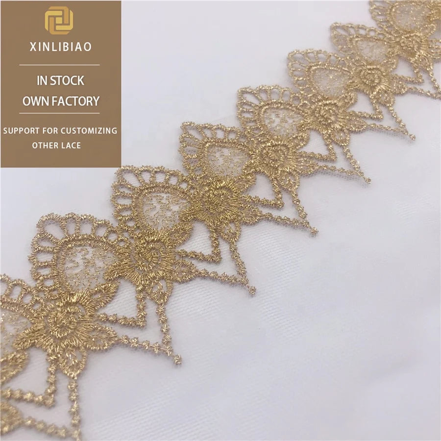 Gold Lace Ribbon with Floral Embroidery for Clothing Shoes Bags Garments Stage Weddings Home Decorations