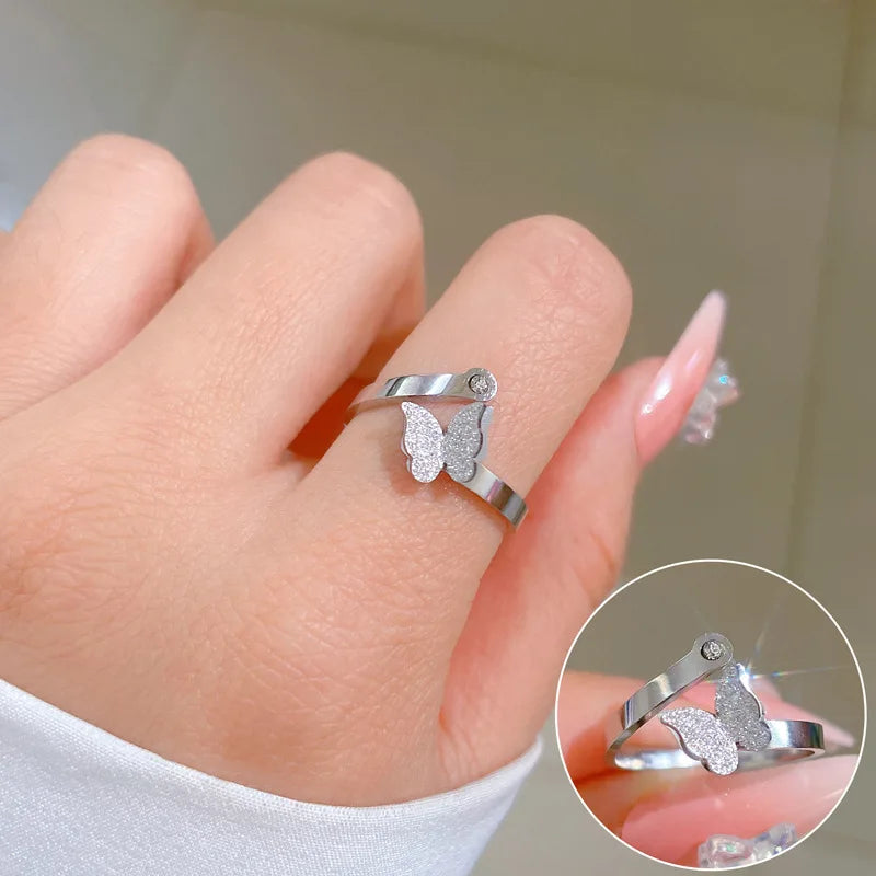 Silver Plated Non Fading Minimalist Butterfly Titanium Steel Openings Rings for Women Finger Jewelry Wholesale