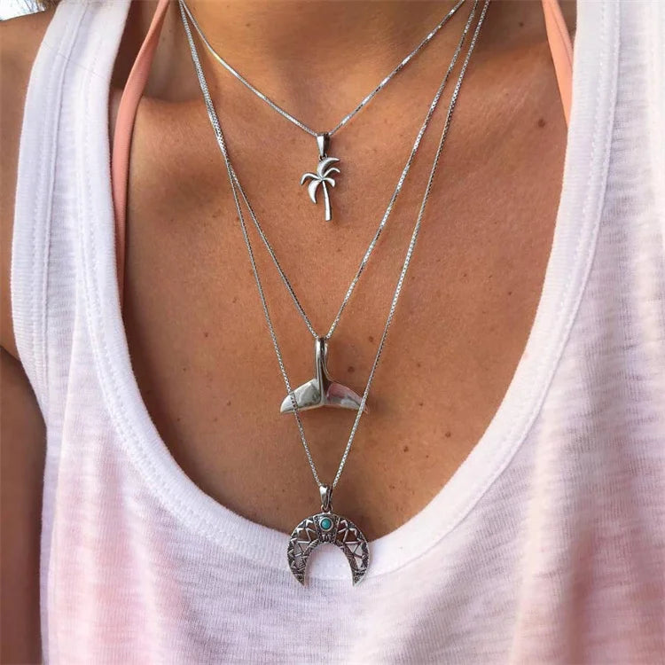Wholesale New Vintage Fashion Women Silver Whale Tail Moon Coconut Tree Pendant Three-Layer Necklace