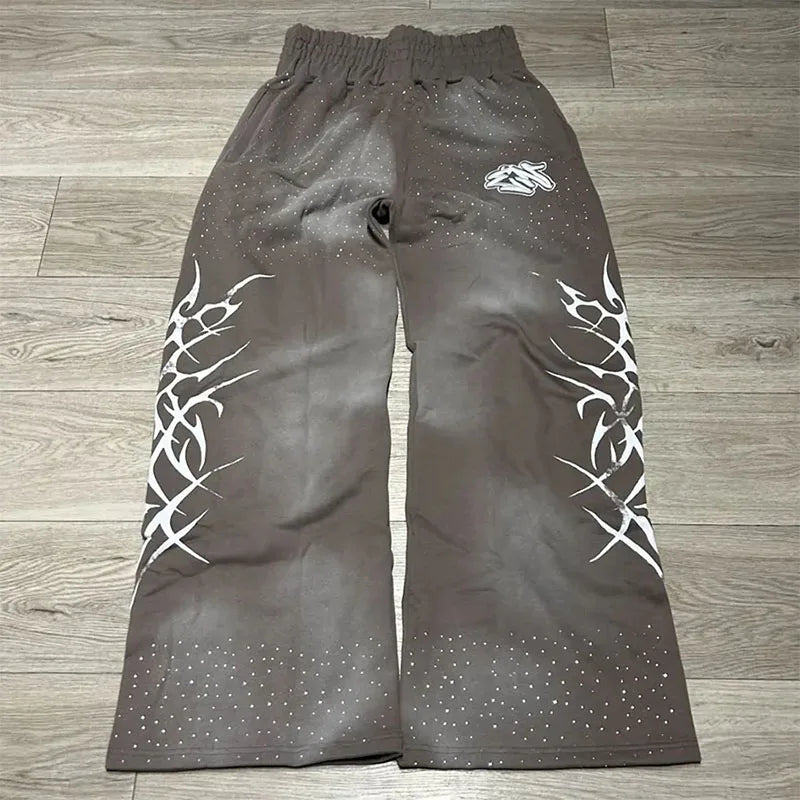 Custom Vintage Acid Wash Sun Faded Flared Sweat Wide Leg High Waist Track Pants Embroidery Rhinestone Oversized Baggy Sweatpants
