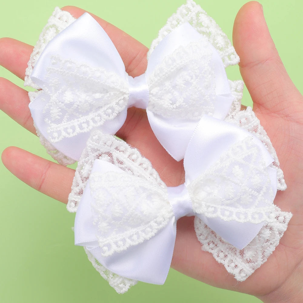 CN New Fashion White Boutique Hair Bow Solid Color Satin Lace Hair Clip for Kids Girls Embroidery Hair Accessories