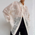 Enyami Chic Brand Feminino Leisure Lace Hollow Out Design Boxy White Long Sleeves Shirts Ladies Blouses Loose Top Women