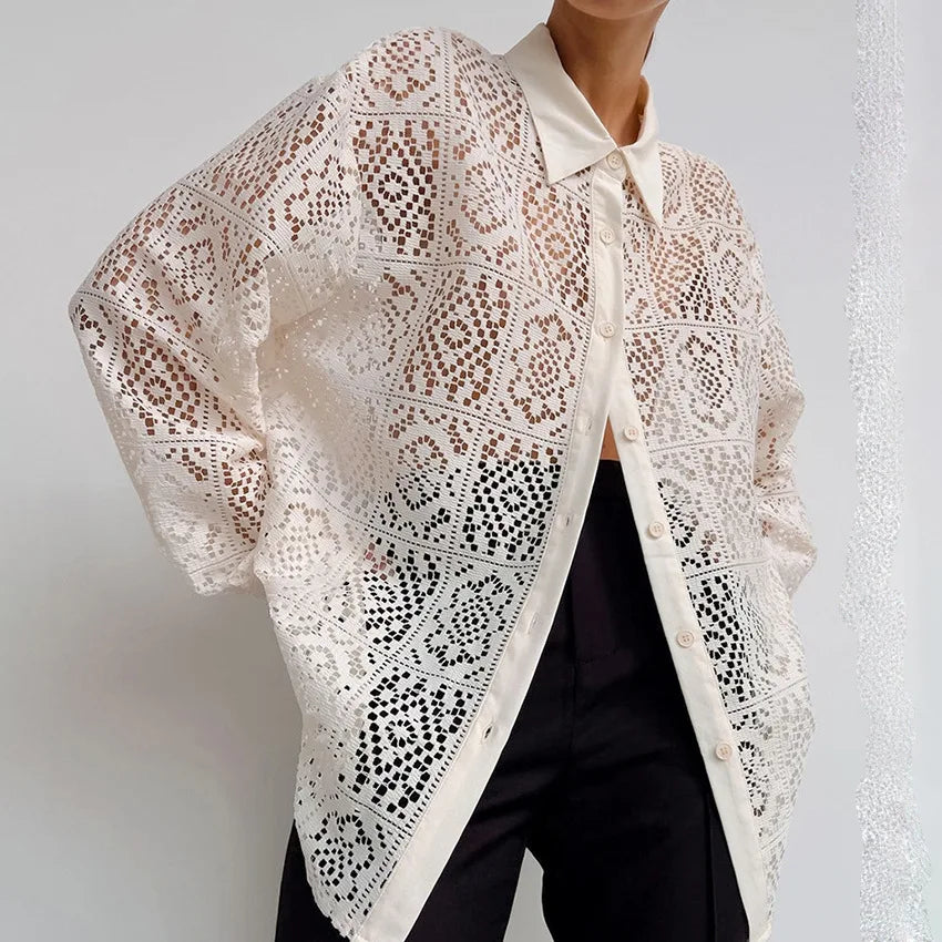 Enyami Chic Brand Feminino Leisure Lace Hollow Out Design Boxy White Long Sleeves Shirts Ladies Blouses Loose Top Women