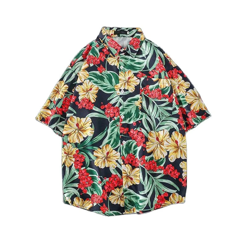 2025 Hot Sale Famous Brand Mens Floral  Shirts Tropical Front Pocket Short Sleeve Men's Printed Button Down Shirt