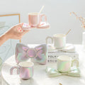 Electroplated Bead Luster Bow Coffee Cup Saucer Set Wholesale Custom Ceramic Gift Mug Couple Water Tea Cup Mugs