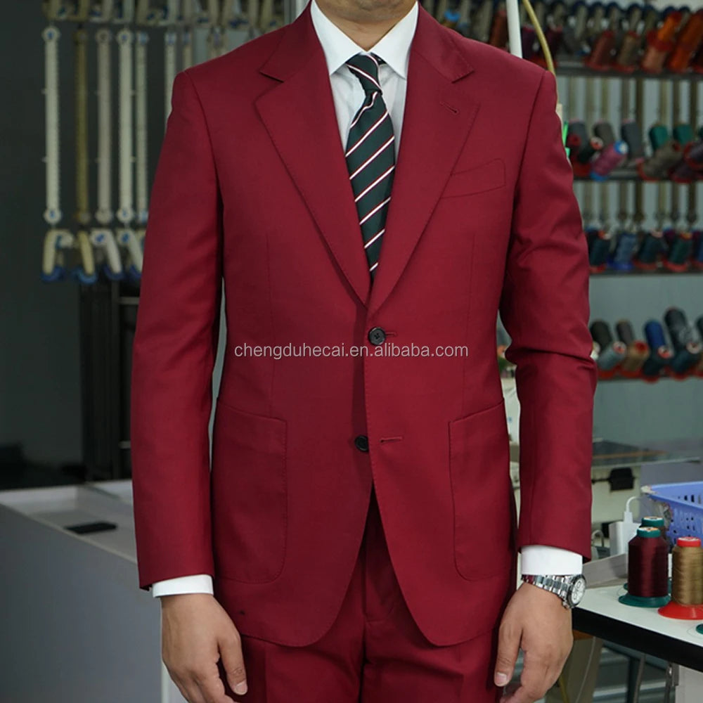 HARCHOY 2025 New Fashion Single Breasted Woolen 100% Wool Business Suit for Men Red Wedding Groomsman 2-Piece Set