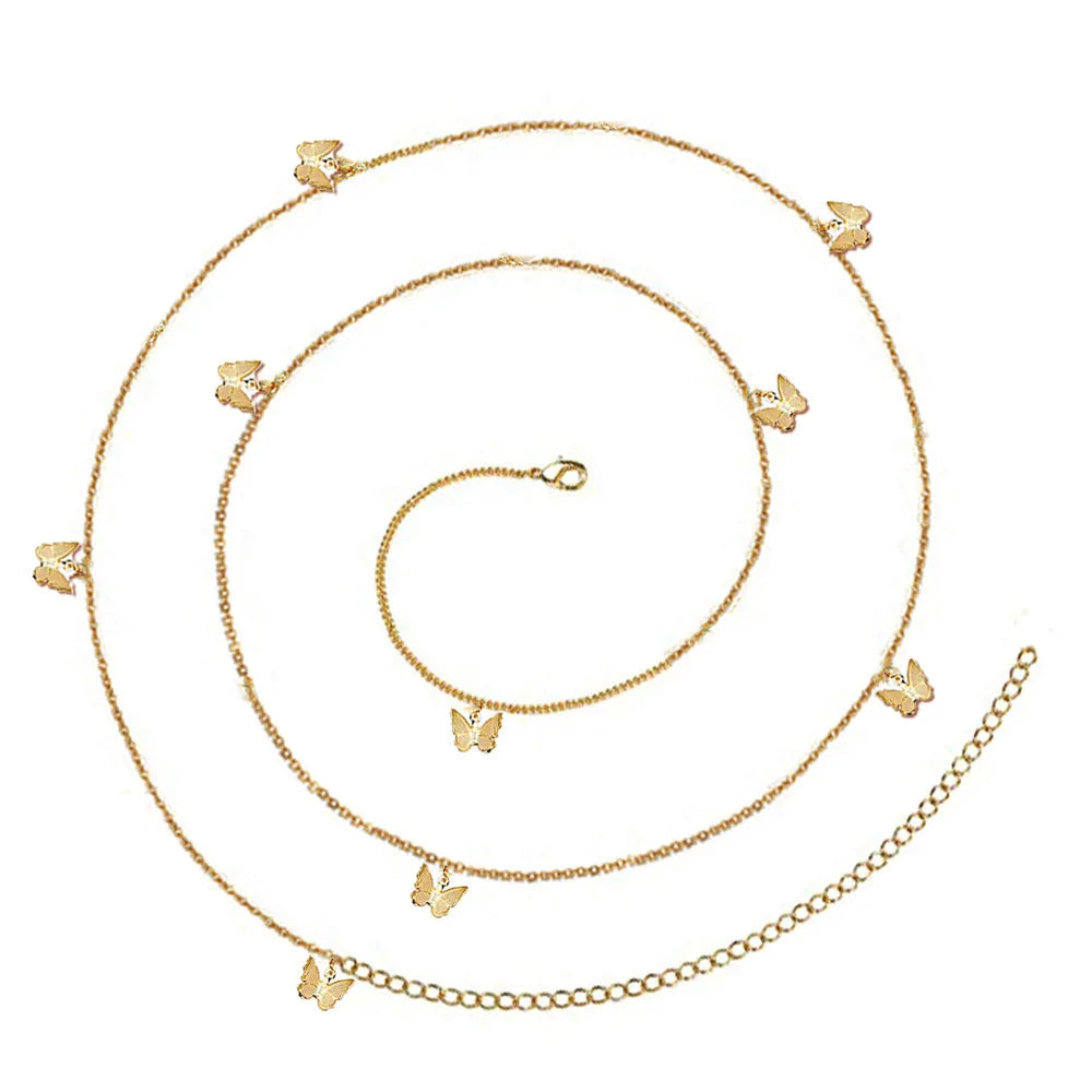 Trendy Butterfly Pearl Body Chain 70-90cm Dainty Stainless Steel Flower Body Waist Chain Butterfly Pendant Waist Chain for Women