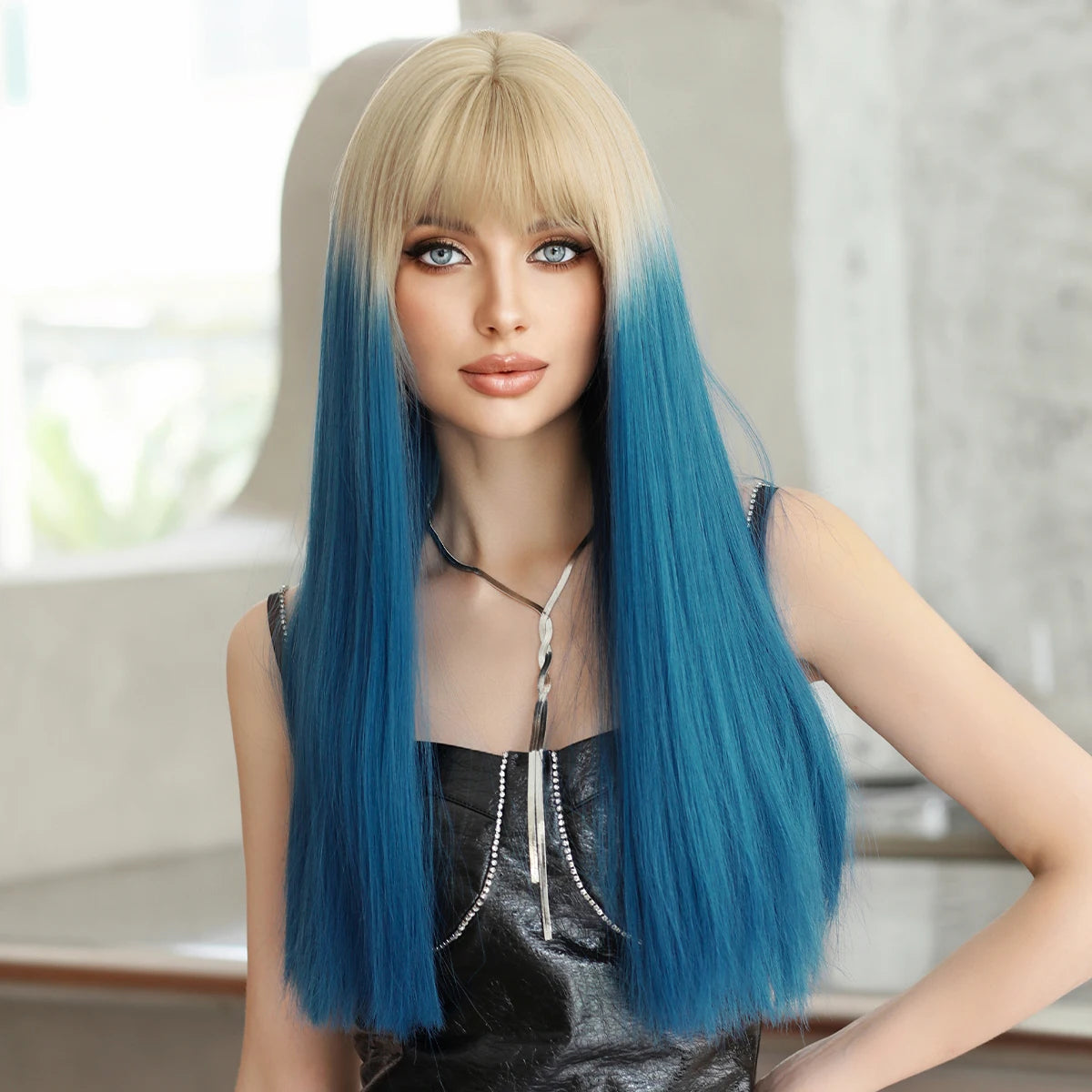Wholesale Wig Long Straight Perruques With Ombre Blue Bangs Blonde Pink Red Gray Synthetic Wig for Anime Cosplay Pelucas Perucas