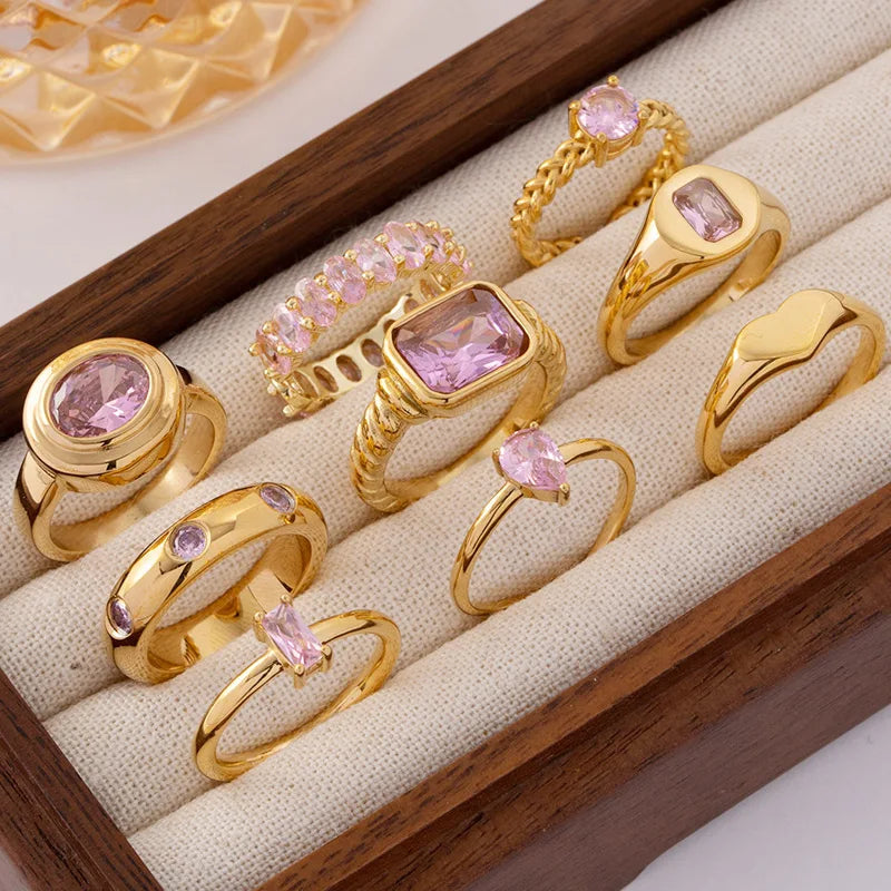 New Popular Multi Designs 18K Gold Plated Pink Cubic Zirconia Stainless Steel Finger Rings for Women and Girls