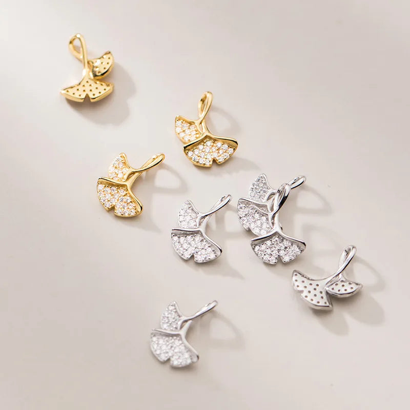 9.5mm Mini Golden 925 Sterling Silver CZ Ginkgo Leaf Charm  Pendant for Jewelry Making Supplies
