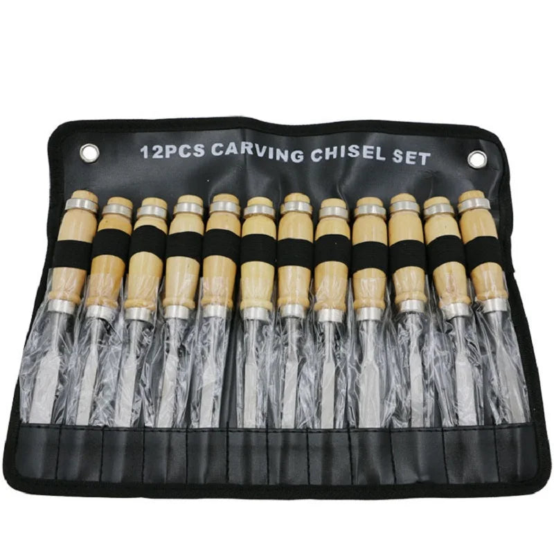 Wholesale Hanging Bag 12pcs Professional Furniture Hand Woodworking Turning Tools Wood Sharp Carving Chisel Set