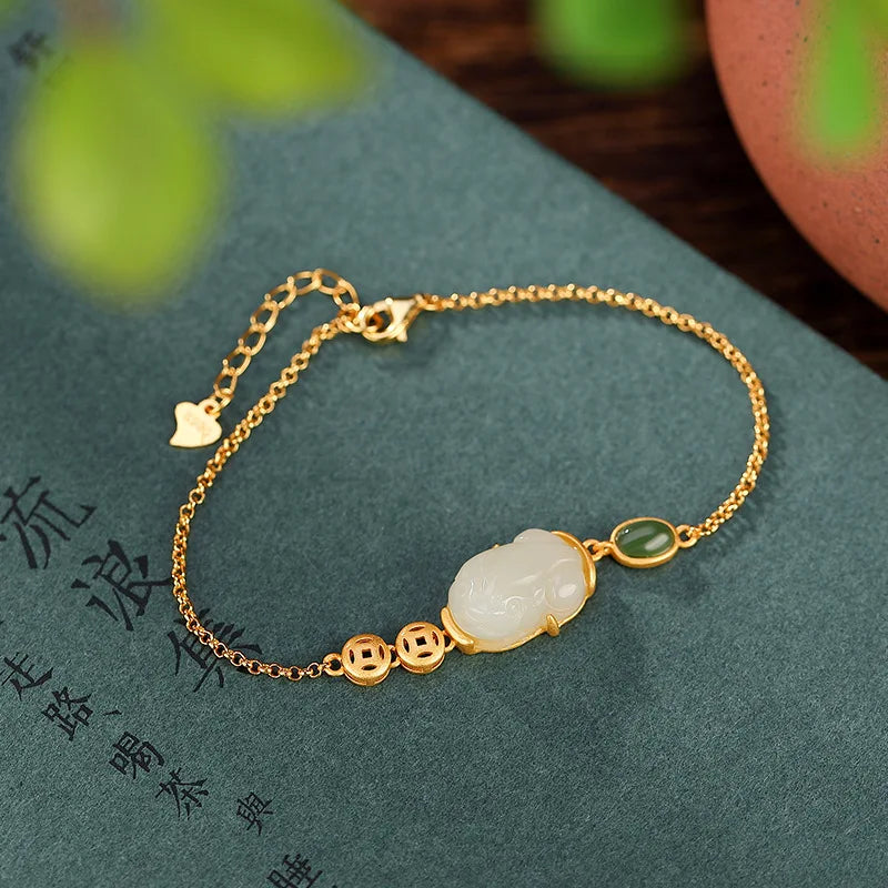 Luxury S925 Sterling Silver Gold Plated Hetian Jade Coin Pixiu Bracelet