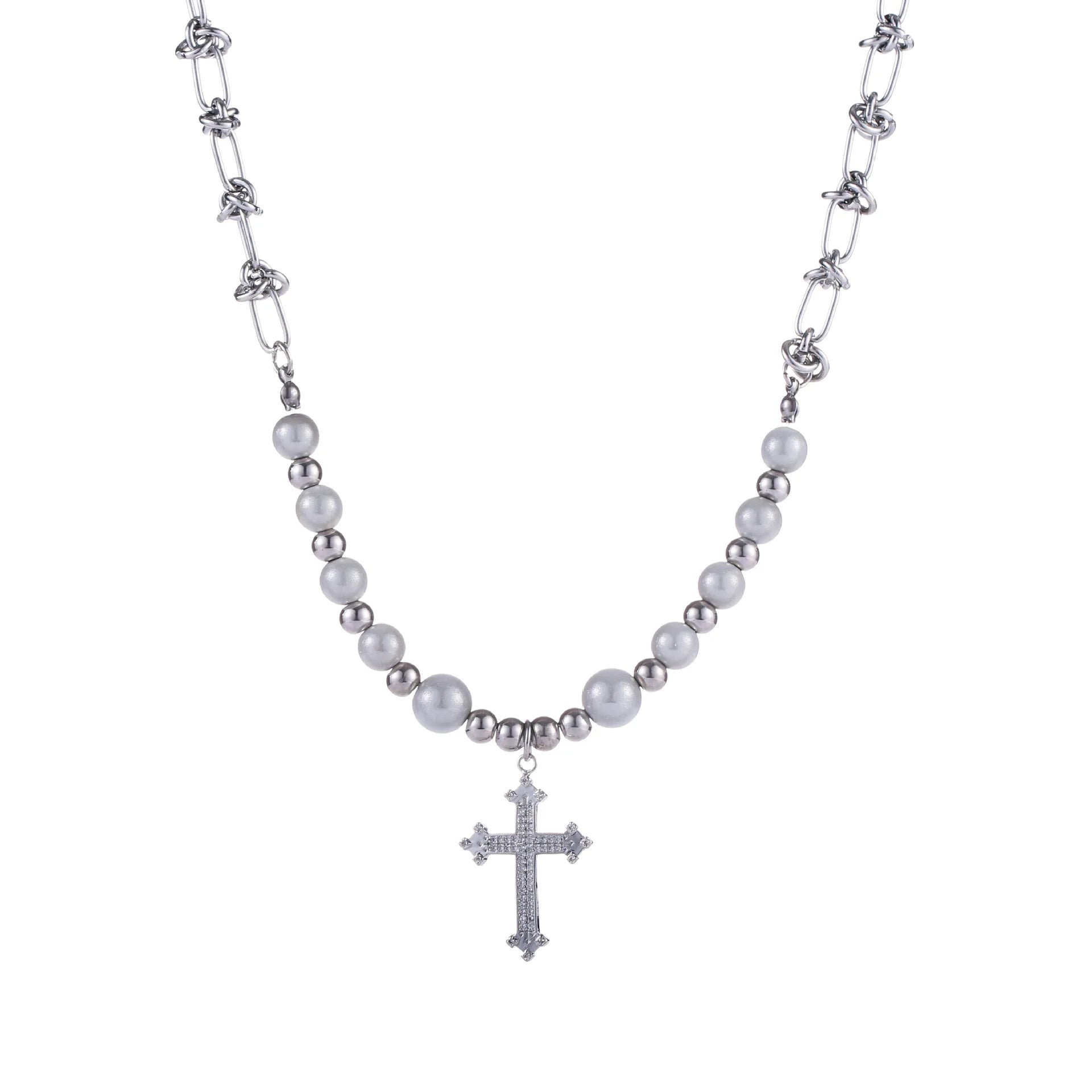 Hiphop Jewelry Stainless Steel Beaded Men's Pearl Necklace with Cross