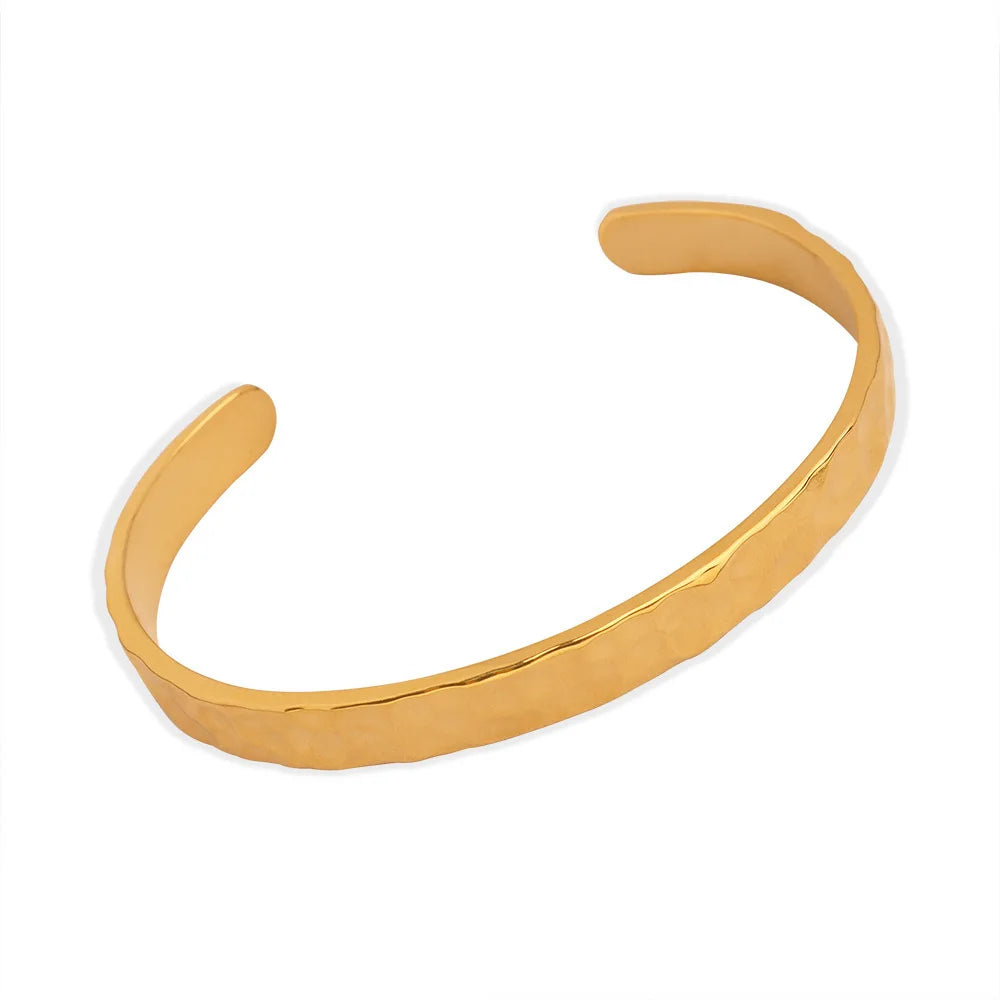 2024 Trendy Women Stainless Steel Gold Plated Jewelry Hammered Cuff Bracelet Bangle Waterproof