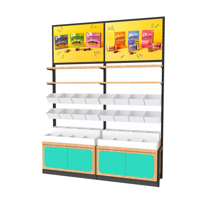 Light Duty Steel-wood Combination Supermarket Shelf Display Rack for Convenience Stores Bulk Retail Customizable