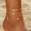 Retro Gold Color Lock Pendant Zircon Butterfly Anklet Set for Women Jewelry