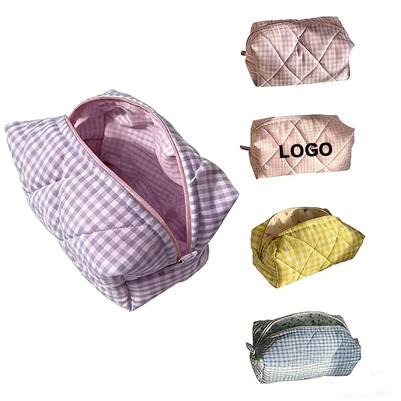 Custom Logo Portable Carry All Travel Cosmetic Bag Large Capacity Quilted Checkered Makeup Bag Toiletry Zipper Storage Pouch