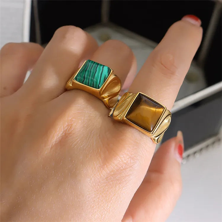 OEM Manufacturer Supply Street Art Trendy Gold Plated Titanium Steel Natural Tiger Eye Stone Inlay Men Ring