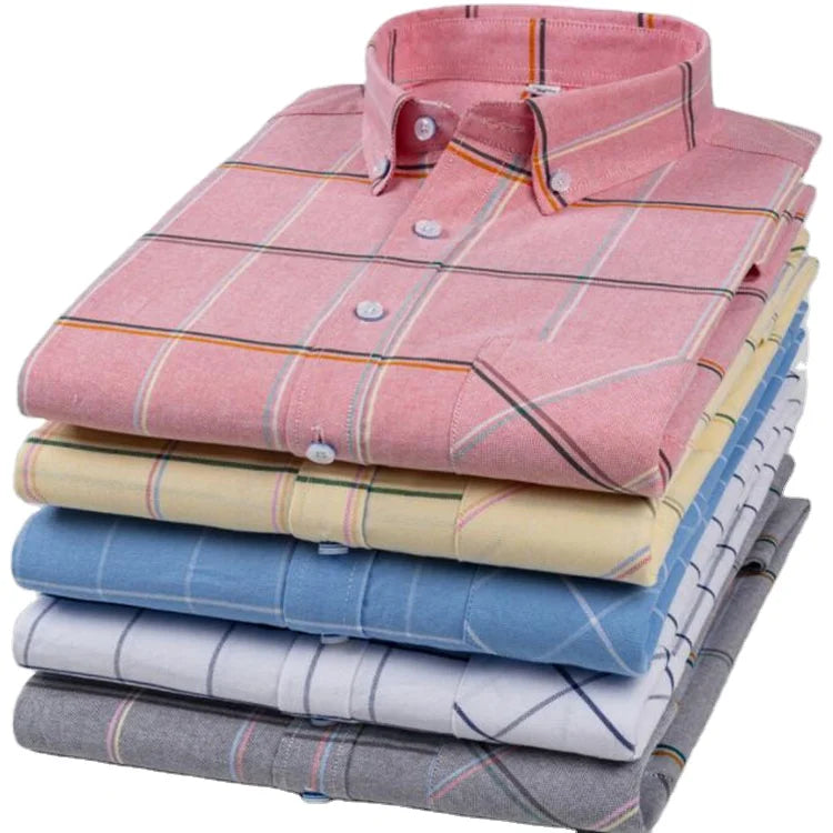 Size S-6XL Mens Oxford Plaid Formal Dress Shirt Casual Long Sleeve Front Patch Chest Pocket Button-down Thick Work Shirts