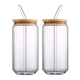 12oz 16oz Clear Beer Can Shaped Glass Cups Soda Coffee Can Drinking Glasses with Bamboo Lids and Glass Straw