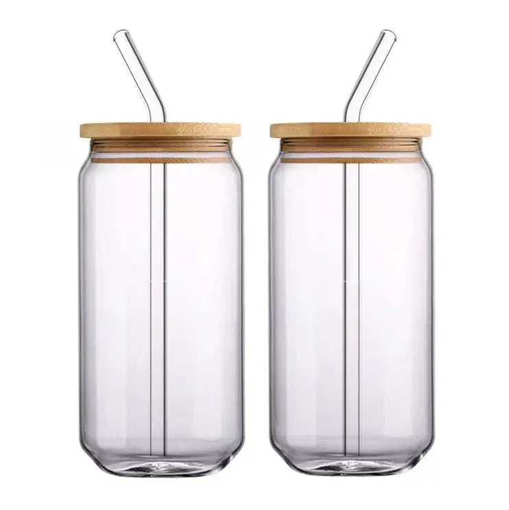 12oz 16oz Clear Beer Can Shaped Glass Cups Soda Coffee Can Drinking Glasses with Bamboo Lids and Glass Straw