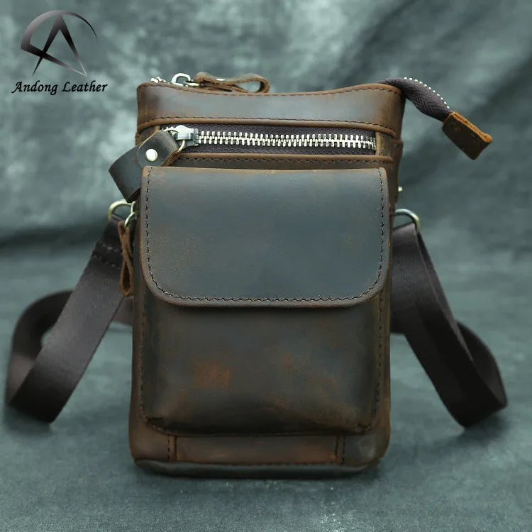 Andong Retro Crazy Horse Leather Belt Bag for Men Outdoor 7 Inch Phone Pocket Shoulder Sling Bags Genuine Cow Leather