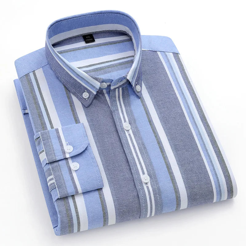 RNSHANGER Men's Stripe Long Sleeve Shirt Oxford Single Patch Pocket New Fashion Business Smart Dress Shirt for Men