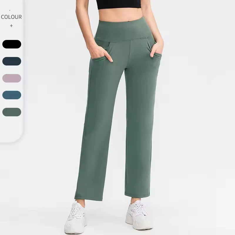 Wholesale Women's High Waist Casual Pants Custom Logo Bell Bottom Leggings Hip Lift Pocket Solid Pattern Elastic Waist Closure