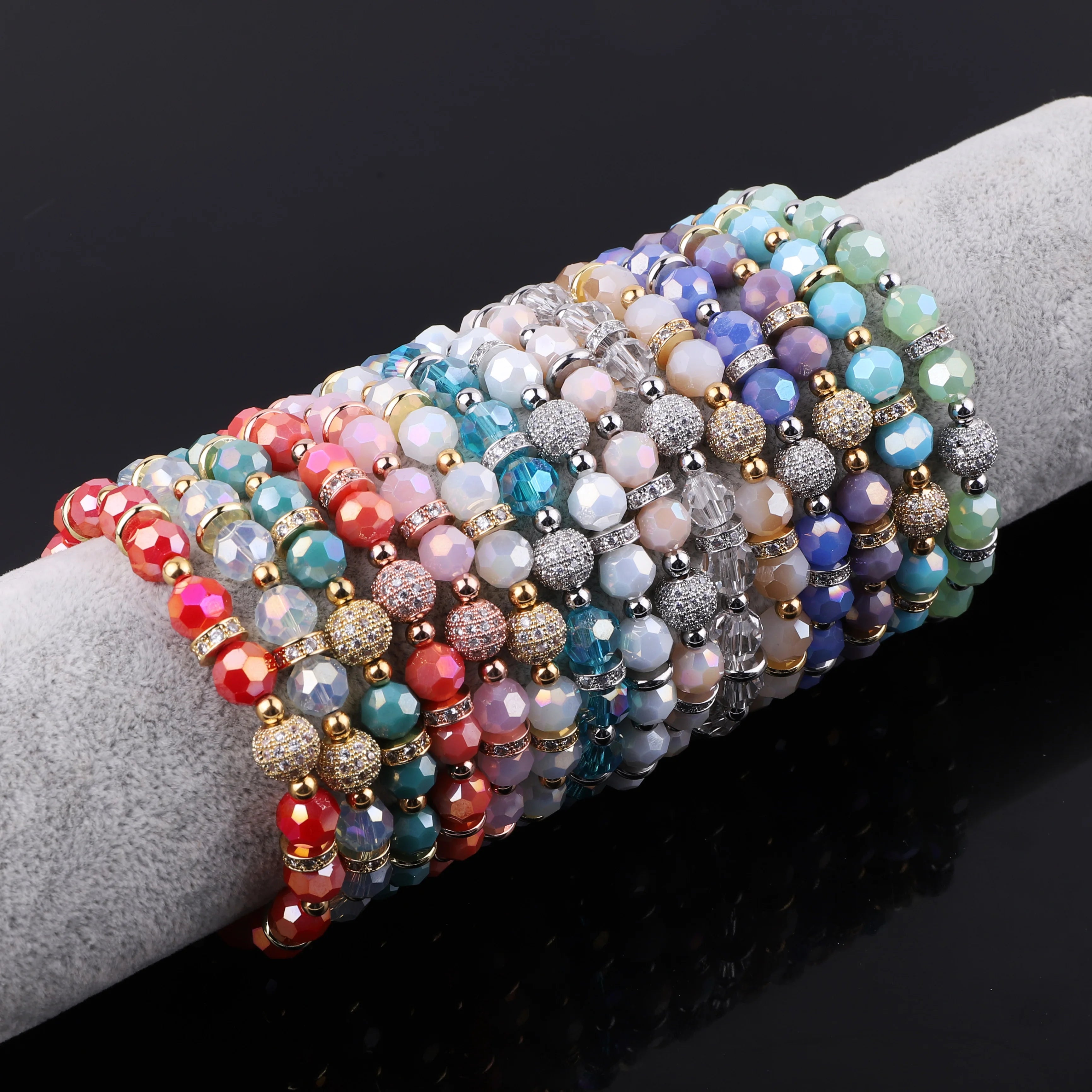 New Design Jewelry Factory Making Colorful AB Glass Crystal Beads CZ Pave Ball Elastic Bracelet Women