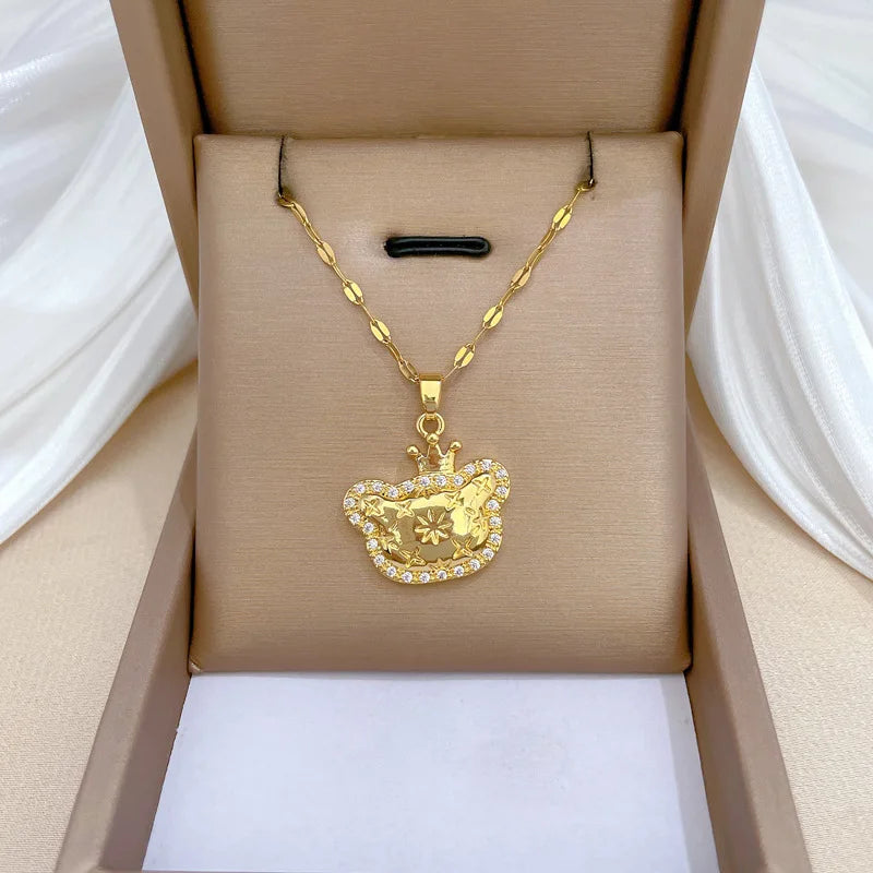 Luxury Crown Cat Titanium Steel Mixed Gemstone Necklace Wholesale Jewelry Fine Jewelry Necklaces Gold Big Necklace for Men Woman