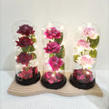 Artificial Rose Flower Holiday Gift Silk Flower 3 Head Rose Flower Glass Dome With LED Light Decoration