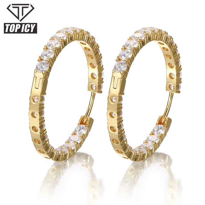 Top Icy Hip Hop Jewelry Fashion Brass Gold Plated Full Diamond Big Earring Hoop Gold Plated Cubic Zircon Hoop Earrings Women