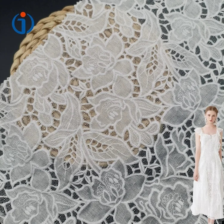 Fashion Knitted White Big Flower Stretch Burn Out Floral 60%Rayon 30%Polyester 10%Spandex Jacquard Lace Fabric for Clothing