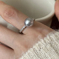 Moonlight Gray Pearl & CZ Ring 10mm Statement Ring in 925 Sterling Silver Dazzling CZ Stones Women's Elegant Cocktail Ring