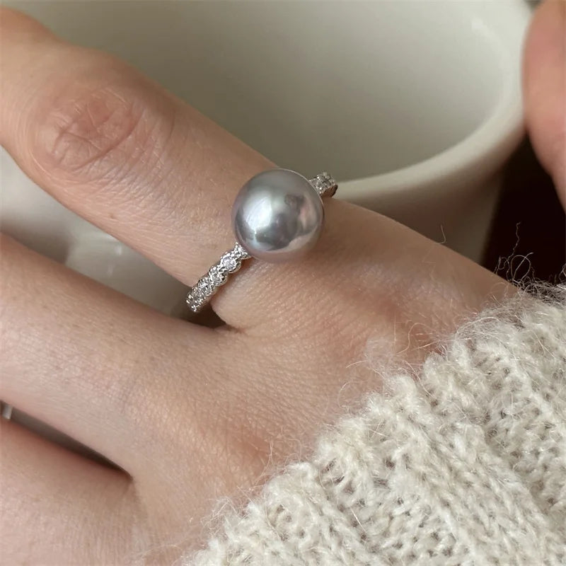 Moonlight Gray Pearl & CZ Ring 10mm Statement Ring in 925 Sterling Silver Dazzling CZ Stones Women's Elegant Cocktail Ring