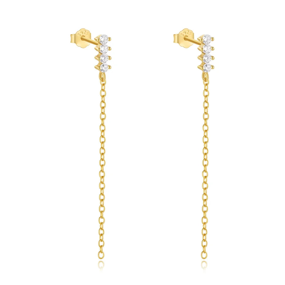 Wholesale Fashion Jewelry 925 Sterling Silver Long Tassel Chain Round Small Zircon Gold Plated Stud Earring Jewelry for Women