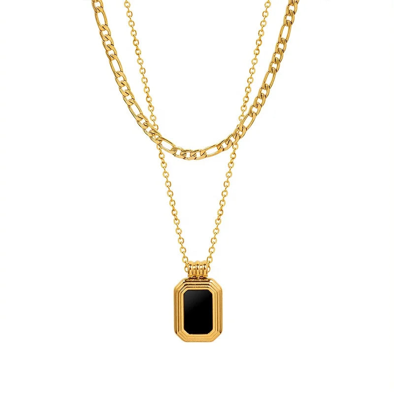 Trendy Stainless Steel Gold Plated Multi Double Layered Figaro Chain Acrylic Pendant Necklace