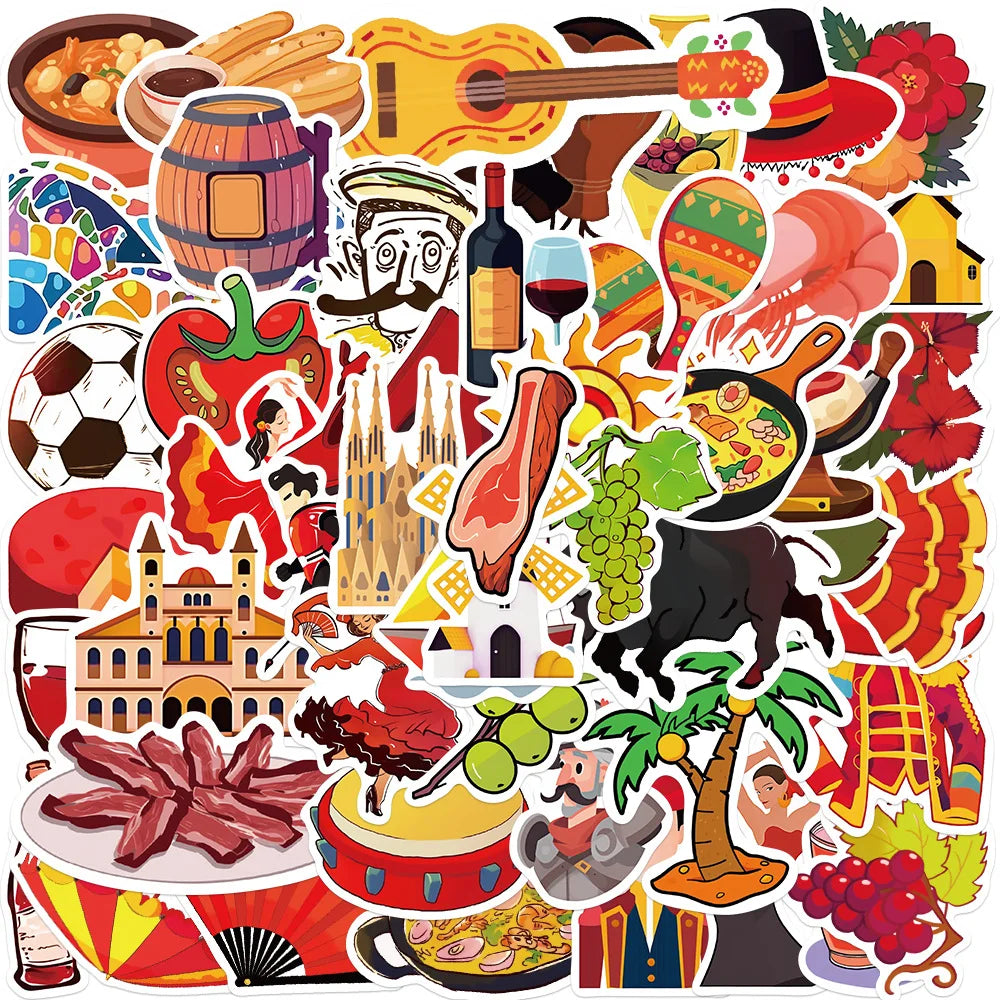 50Pcs Spanish Culture Cartoon Logo Graffiti Stickers for Suitcase Luggage Decor Spain Travel Gift Sticker