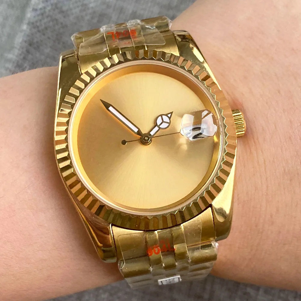 36mm Custom Logo Fluted Bezel Sunburst Gold Mechanical Watch for Men Japan NH35A Movement Luxury OEM Wristwatch Wholesale