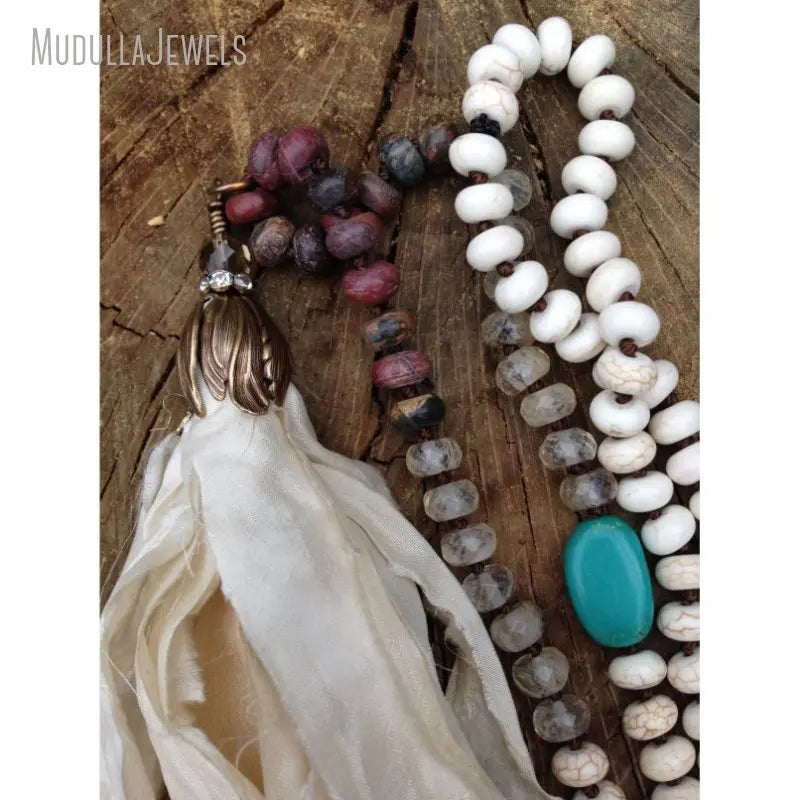 NM20614 Turquoise Gemstone Beads Hand Knotted Necklace Bohemian Style Sari Silk Tassel Necklace for Women