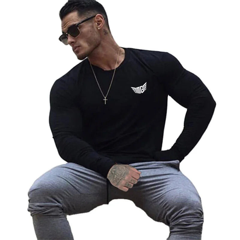 Men's Cotton Fashion T-shirt Full Sleeve Mens Autumn Tshirts Male Gym Bodybuilding Tee Shirts Casual T Shirt for Man Sportswear