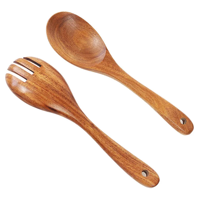 Salad Mixing Dinner Fork and Spoon Set Long Handle Salad Servers Set Acacia Wood Serving Spoons Set