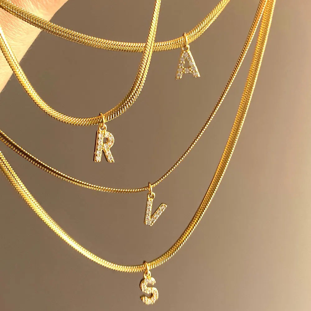 Vintage Rhinestone Crystal A-Z 26 Alphabet Necklace Stainless Steel Snake Chain Initial Letter Necklace for Women