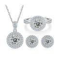T93A Abiding Round Brilliant Cut Simulated Diamond Moissanite Double Halo Necklace Earings Ring 925 Jewelry Set for Bridal