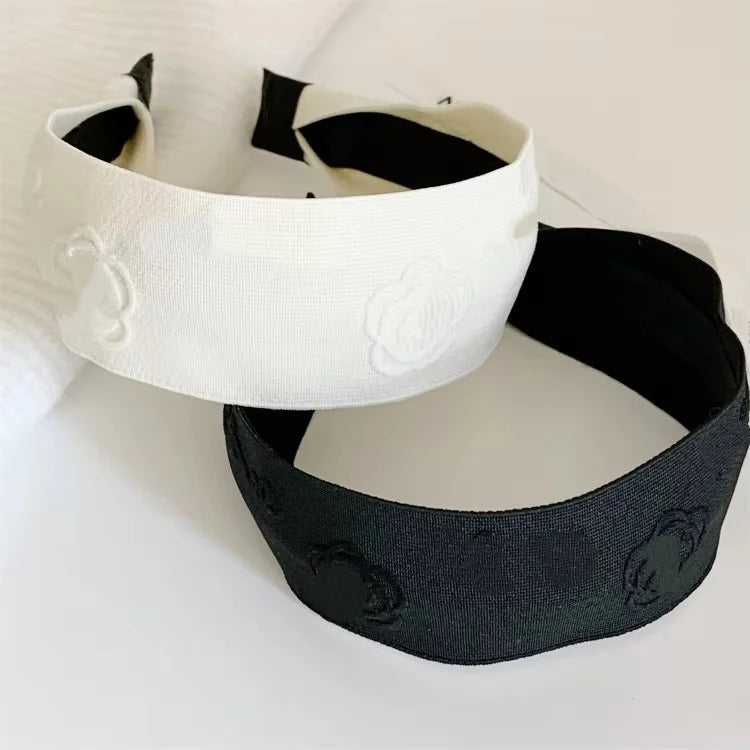 Classic Black/White Color Camellia Patter Wide Fabric Headband for Women Elegant Brand Style Simple Hair Band