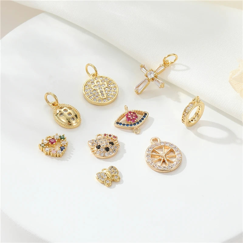 Wholesale Microinlaid Zircon 14k Gold Heart Hello Kitty Pendant Charms Necklace Earrings DIY Accessories for Jewelry Making