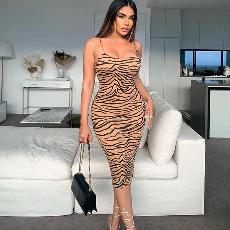 Tiger Print Sleeveless Tight Elegant Midi Dress _ Winter Fall Casual Fashion Club Apparel Women Wholesale Clothes