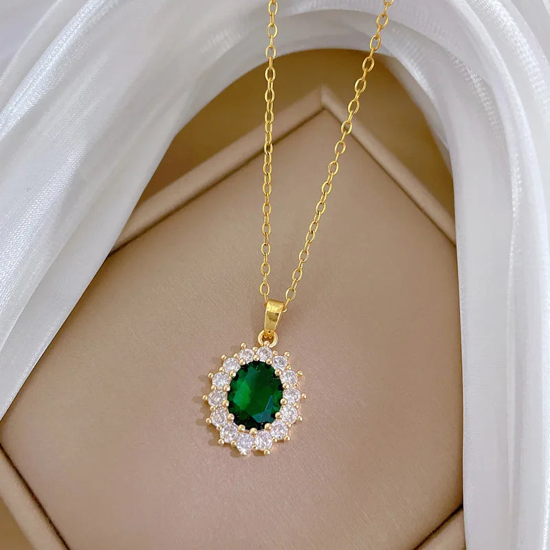 Fashionable 18K Gold Plated Stainless Steel Necklace Green Crystal Oval Pendant Waterproof No Fade Charm O Chain Trendy Style