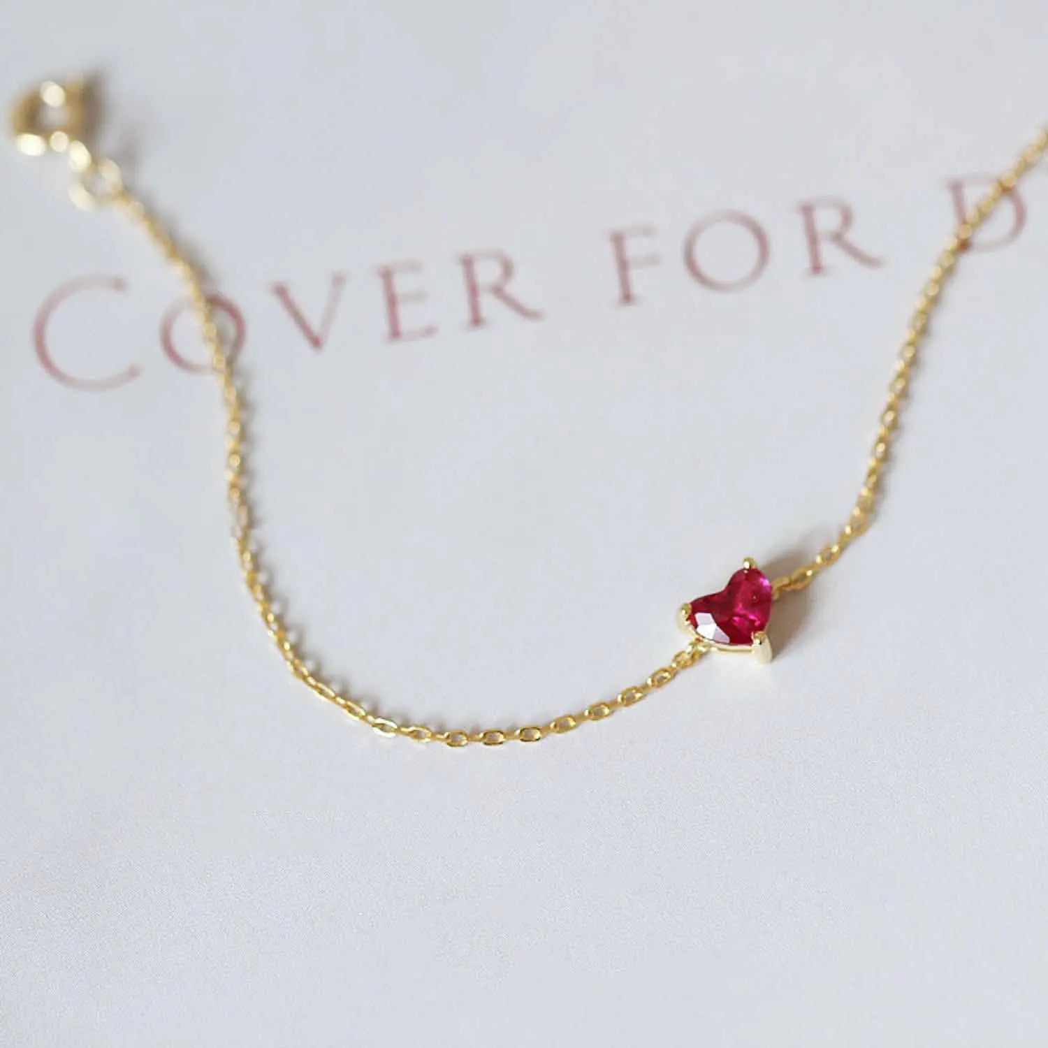 Exquisite 14K Gold Plated 925 Sterling Silver Red Gem Cubic Zircon Heart Bracelet for Women