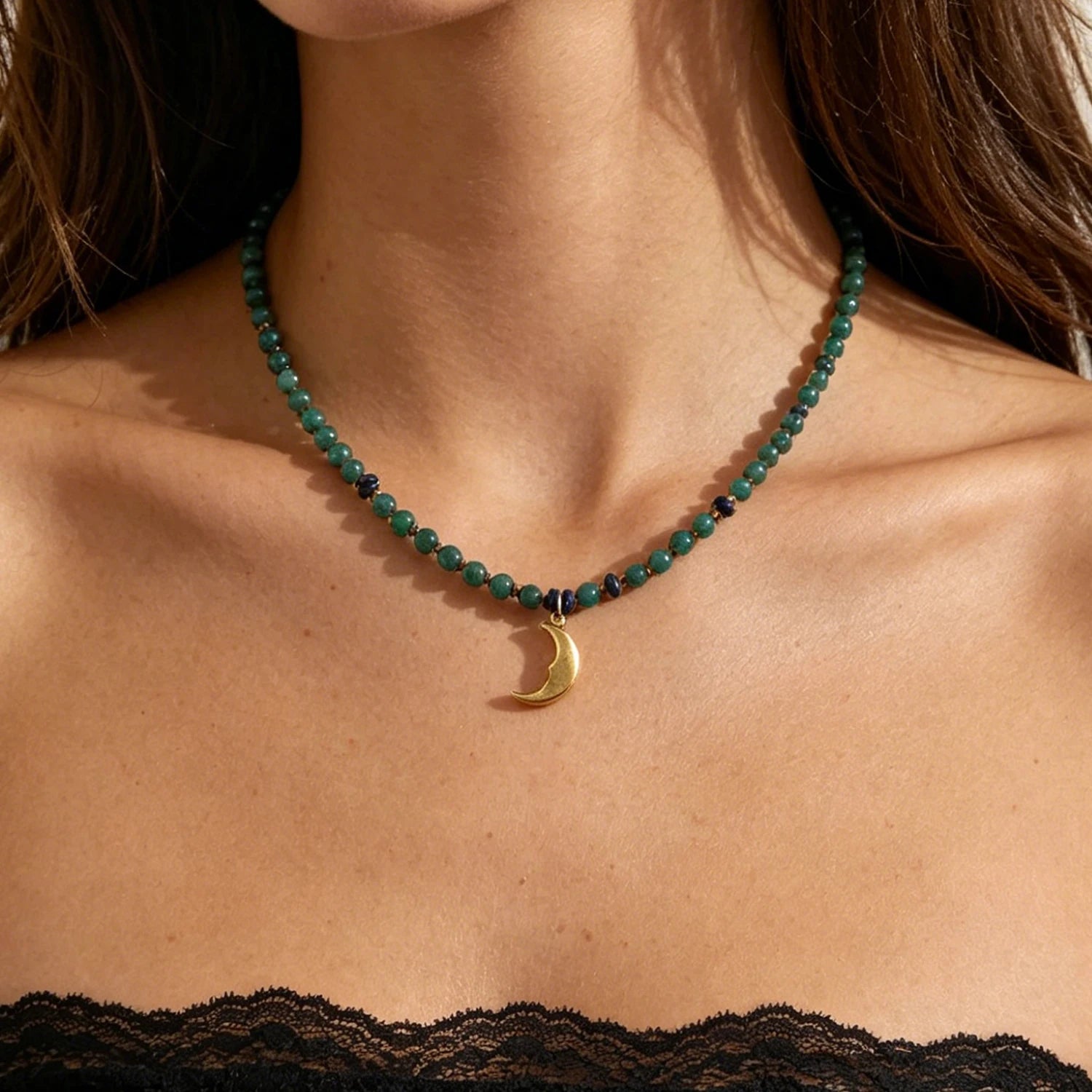 Handmade Dainty Green Natural Stone Beaded Stainless Steel Moon Charm Waterproof Necklace Women and Girls Jewelry Ladies